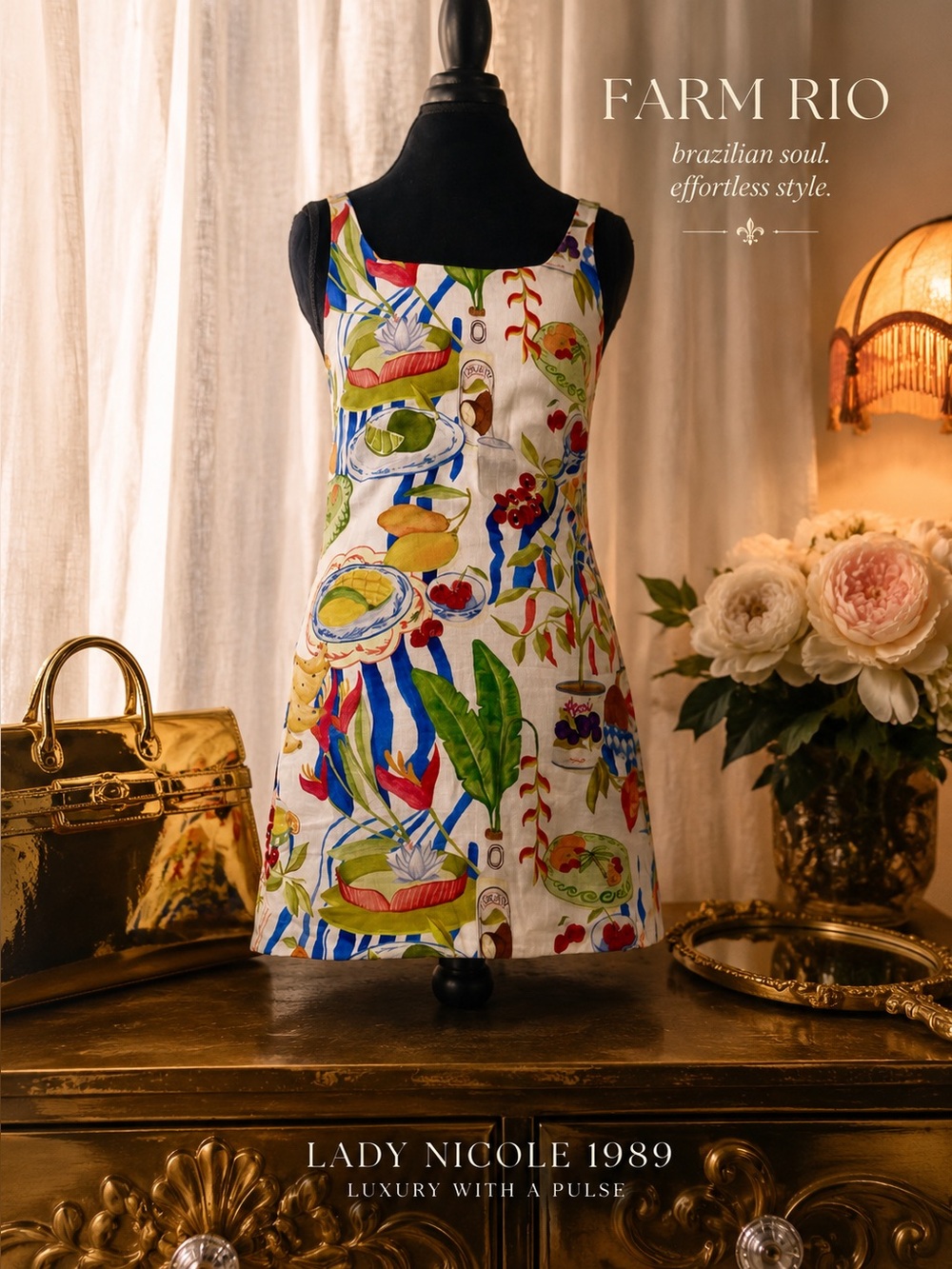 Farm Rio Fresh Table Mini Dress Linen Blend Tropical Print NWT Small